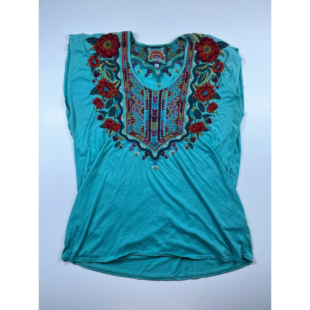 Johnny Was Teal Blue Embroidered Boho Chic Loose Floral Cap Sleeve Top Large